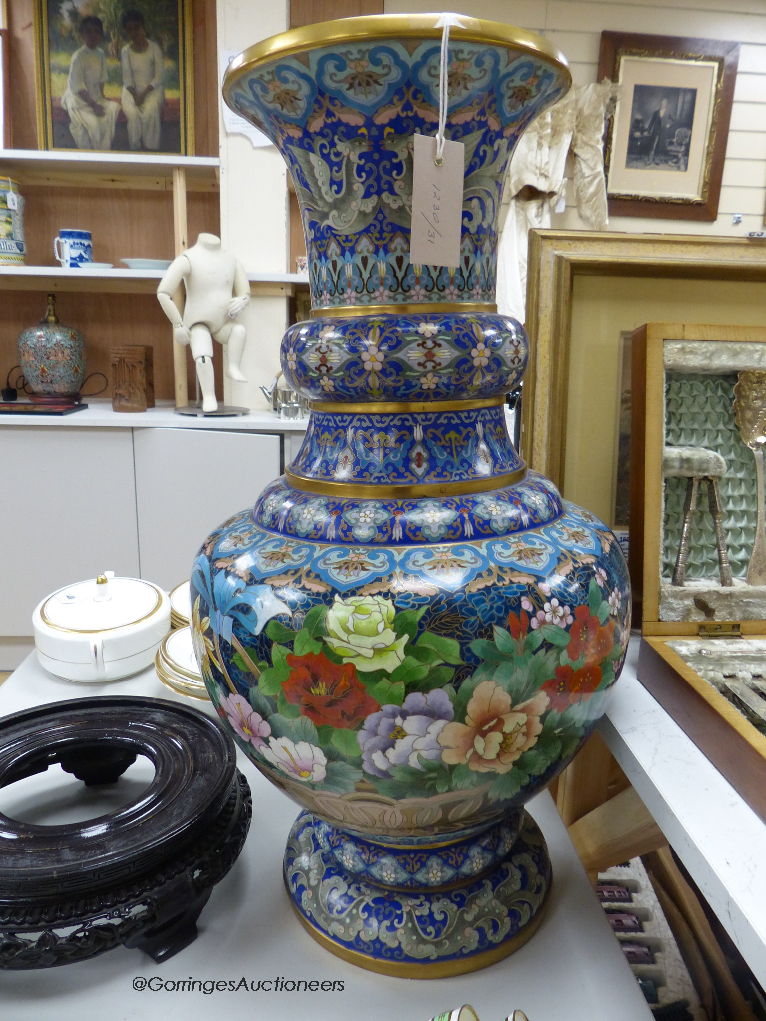 A large Chinese cloisonne enamel vase on stand, height 64cm excl. stand